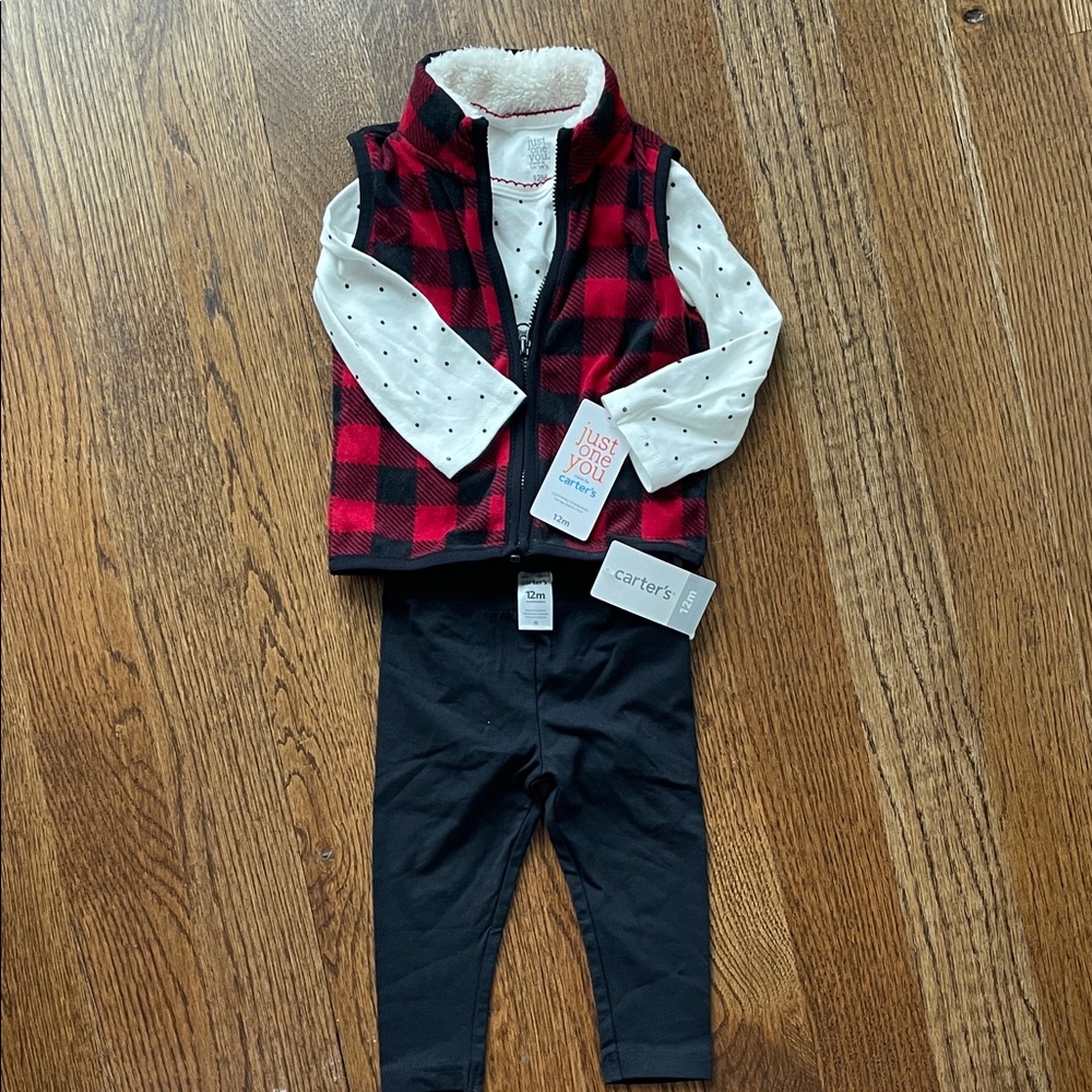 Three piece set- plaid fleece with pants and polka dot onsie